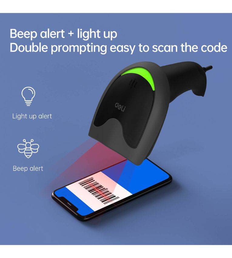 Deli S211 Scanner et Lecteur de Codes-Barres avec Double Confirmation, Technologie CCD, Design Anti-Choc , sans fil